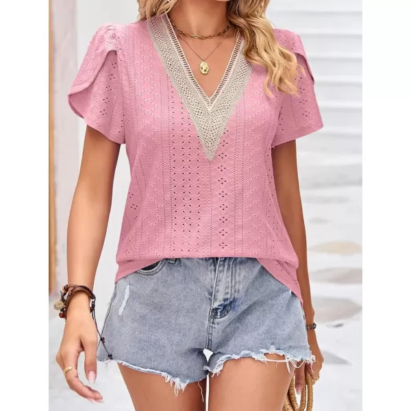Womens Casual Petal Sleeve Lace Trim V Neck Tops 2023 Summer Loose Tee Shirts BlousePink