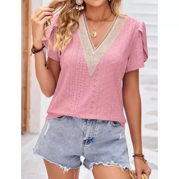 Womens Casual Petal Sleeve Lace Trim V Neck Tops 2023 Summer Loose Tee Shirts BlousePink