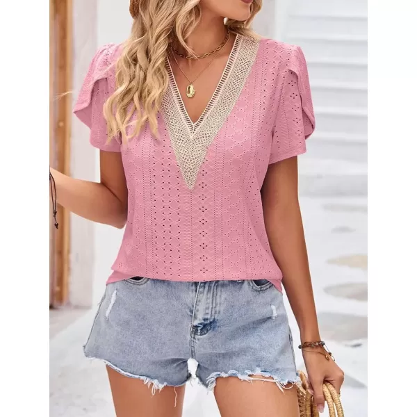 Womens Casual Petal Sleeve Lace Trim V Neck Tops 2023 Summer Loose Tee Shirts BlousePink
