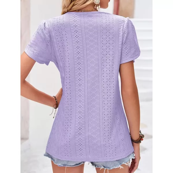 Womens Casual Petal Sleeve Lace Trim V Neck Tops 2023 Summer Loose Tee Shirts BlousePurple