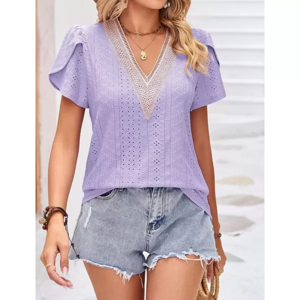 Womens Casual Petal Sleeve Lace Trim V Neck Tops 2023 Summer Loose Tee Shirts BlousePurple