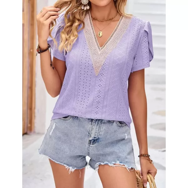 Womens Casual Petal Sleeve Lace Trim V Neck Tops 2023 Summer Loose Tee Shirts BlousePurple