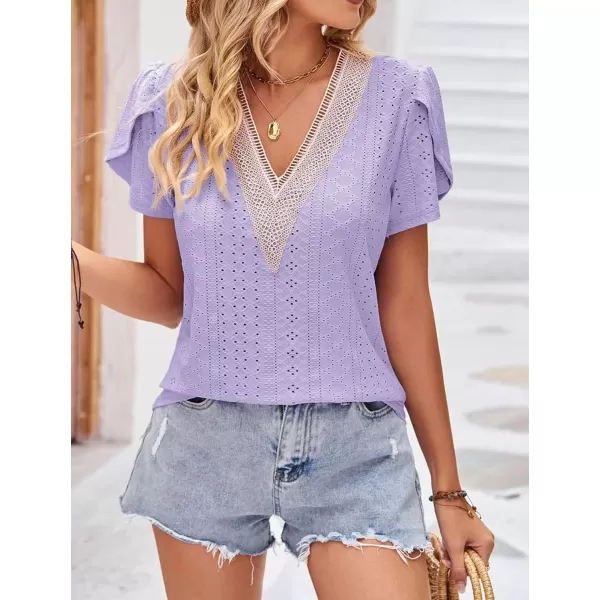 Womens Casual Petal Sleeve Lace Trim V Neck Tops 2023 Summer Loose Tee Shirts BlousePurple