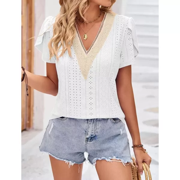Womens Casual Petal Sleeve Lace Trim V Neck Tops 2023 Summer Loose Tee Shirts BlouseWhite