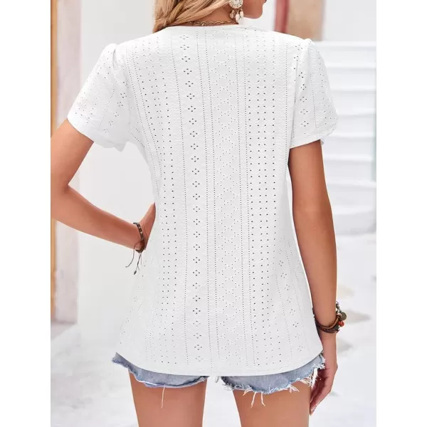Womens Casual Petal Sleeve Lace Trim V Neck Tops 2023 Summer Loose Tee Shirts BlouseWhite
