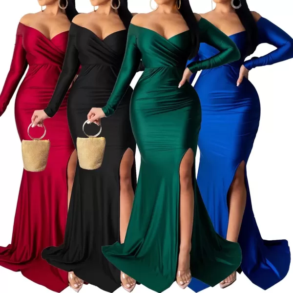 Womens Off Shoulder High Split Long Formal Party Maxi Dress Evening GownBlack