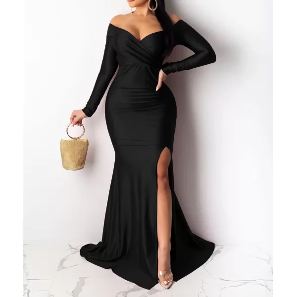 Womens Off Shoulder High Split Long Formal Party Maxi Dress Evening GownBlack