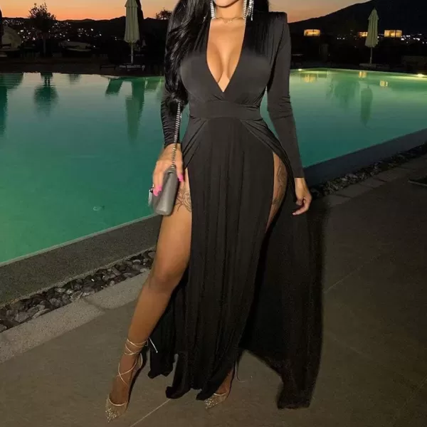 Womens Off Shoulder High Split Long Formal Party Maxi Dress Evening GownBlack2