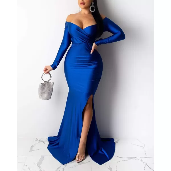 Womens Off Shoulder High Split Long Formal Party Maxi Dress Evening GownBlue