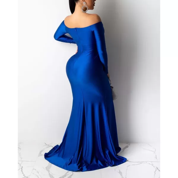 Womens Off Shoulder High Split Long Formal Party Maxi Dress Evening GownBlue