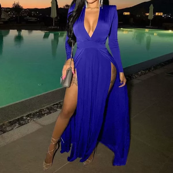 Womens Off Shoulder High Split Long Formal Party Maxi Dress Evening GownBlue2