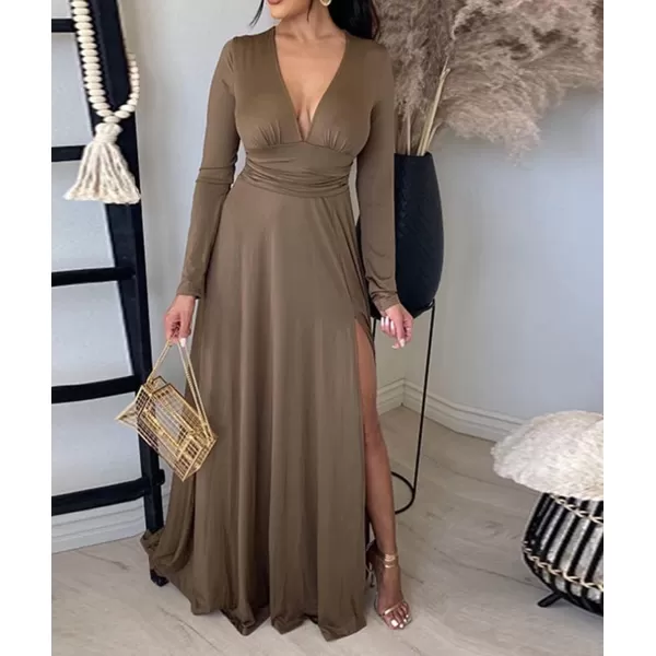Womens Off Shoulder High Split Long Formal Party Maxi Dress Evening GownBrown3