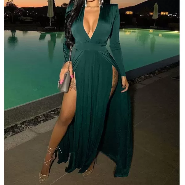 Womens Off Shoulder High Split Long Formal Party Maxi Dress Evening GownDark Green2