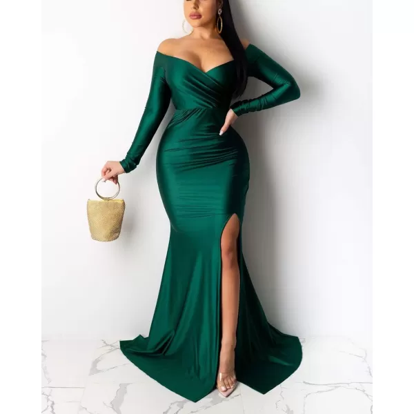 Womens Off Shoulder High Split Long Formal Party Maxi Dress Evening GownGreen