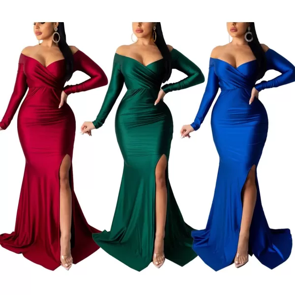 Womens Off Shoulder High Split Long Formal Party Maxi Dress Evening GownRed