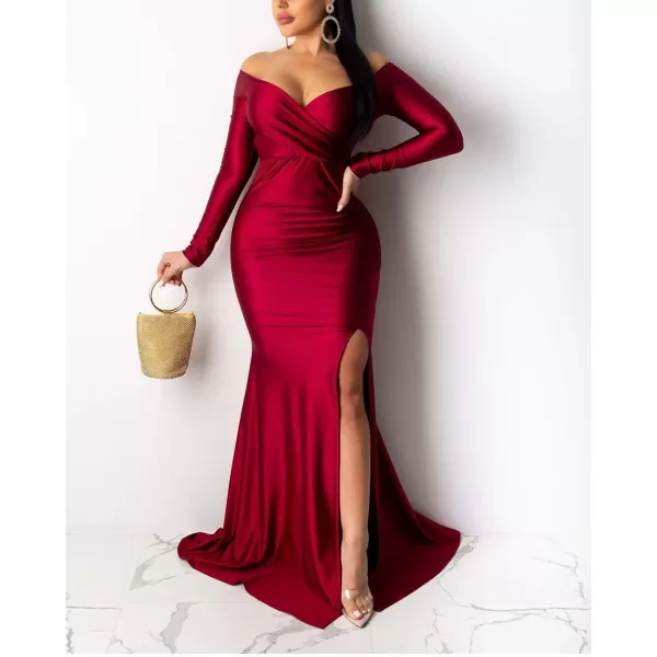 Womens Off Shoulder High Split Long Formal Party Maxi Dress Evening GownRed
