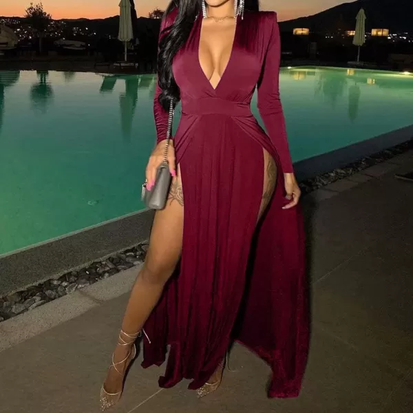 Womens Off Shoulder High Split Long Formal Party Maxi Dress Evening GownWine Red2