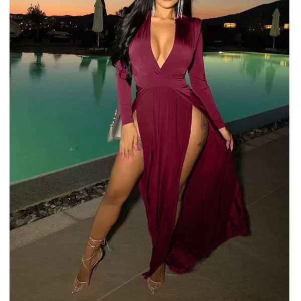 Womens Off Shoulder High Split Long Formal Party Maxi Dress Evening GownWine Red2