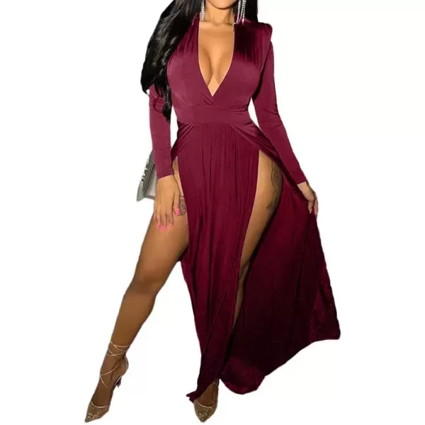 Womens Off Shoulder High Split Long Formal Party Maxi Dress Evening GownWine Red2