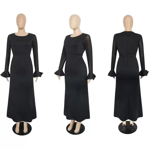 Womens Plus Size Bodycon Dress  Elegant Trumpet Long Sleeve Mesh Solid Sexy Evening Party Maxi Long DressBlack