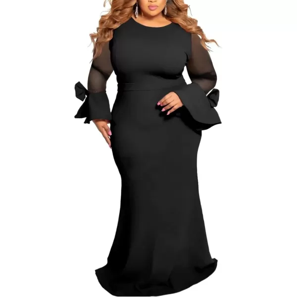 Womens Plus Size Bodycon Dress  Elegant Trumpet Long Sleeve Mesh Solid Sexy Evening Party Maxi Long DressBlack