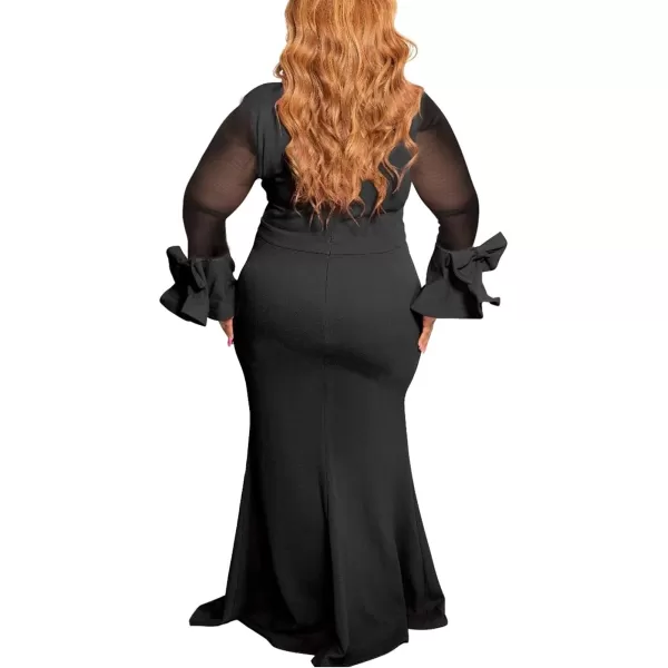 Womens Plus Size Bodycon Dress  Elegant Trumpet Long Sleeve Mesh Solid Sexy Evening Party Maxi Long DressBlack