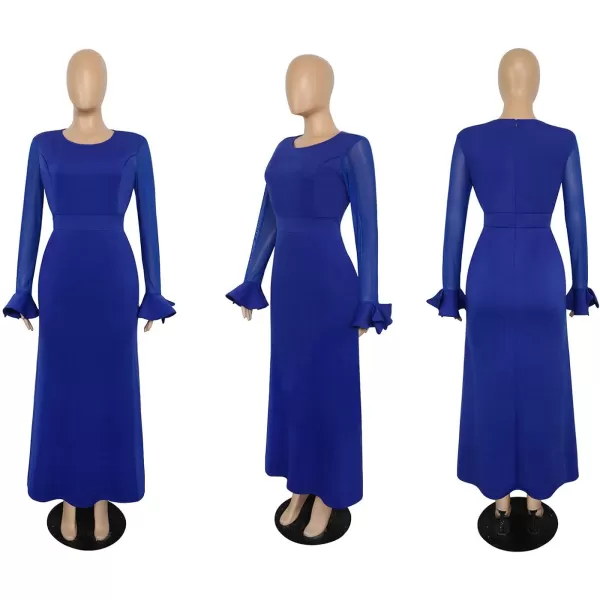 Womens Plus Size Bodycon Dress  Elegant Trumpet Long Sleeve Mesh Solid Sexy Evening Party Maxi Long DressBlue