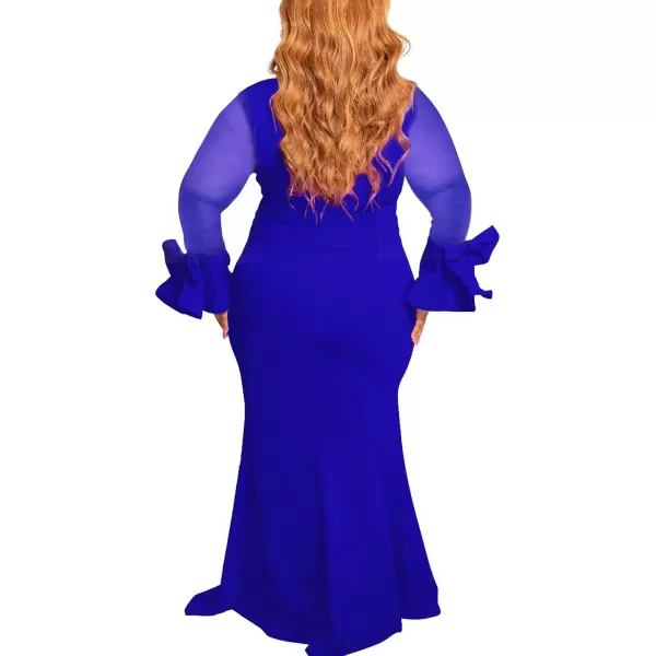 Womens Plus Size Bodycon Dress  Elegant Trumpet Long Sleeve Mesh Solid Sexy Evening Party Maxi Long DressBlue