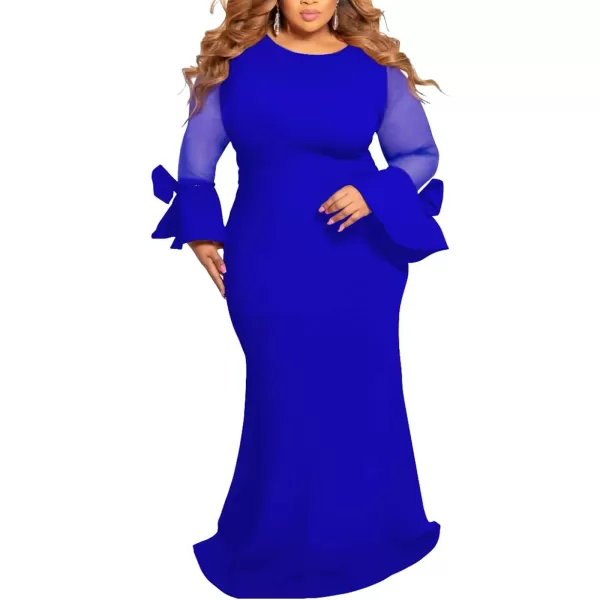 Womens Plus Size Bodycon Dress  Elegant Trumpet Long Sleeve Mesh Solid Sexy Evening Party Maxi Long DressBlue