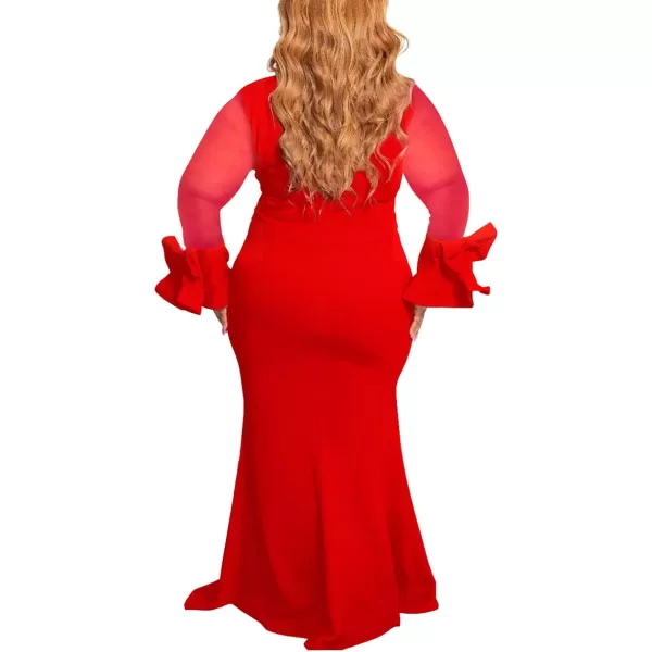 Womens Plus Size Bodycon Dress  Elegant Trumpet Long Sleeve Mesh Solid Sexy Evening Party Maxi Long DressRed