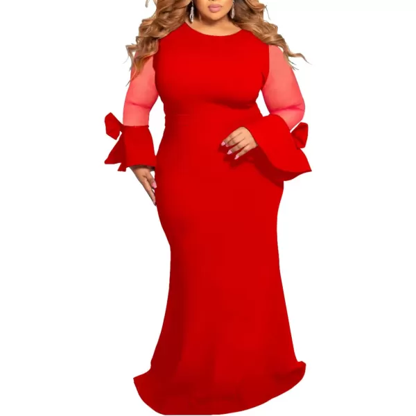 Womens Plus Size Bodycon Dress  Elegant Trumpet Long Sleeve Mesh Solid Sexy Evening Party Maxi Long DressRed