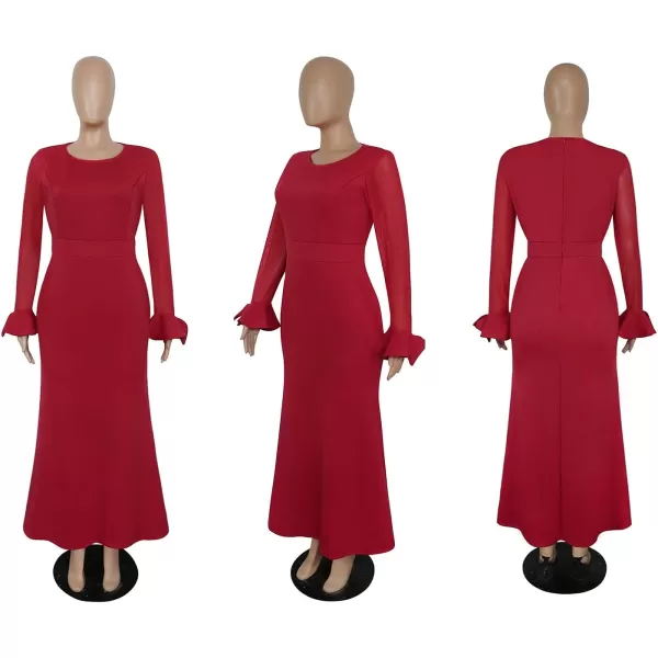 Womens Plus Size Bodycon Dress  Elegant Trumpet Long Sleeve Mesh Solid Sexy Evening Party Maxi Long DressRed