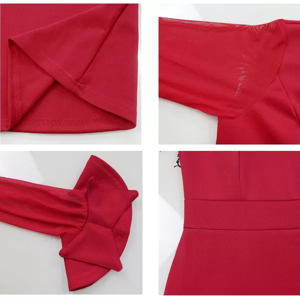 Womens Plus Size Bodycon Dress  Elegant Trumpet Long Sleeve Mesh Solid Sexy Evening Party Maxi Long DressRed