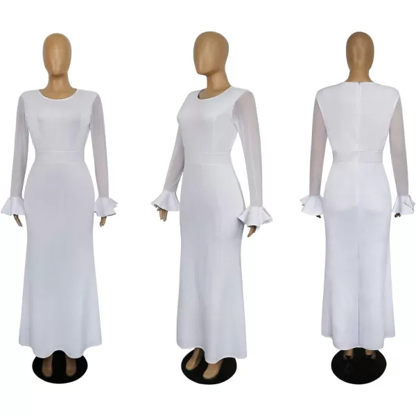 Womens Plus Size Bodycon Dress  Elegant Trumpet Long Sleeve Mesh Solid Sexy Evening Party Maxi Long DressWhite