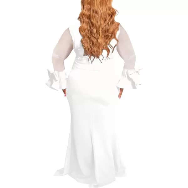 Womens Plus Size Bodycon Dress  Elegant Trumpet Long Sleeve Mesh Solid Sexy Evening Party Maxi Long DressWhite