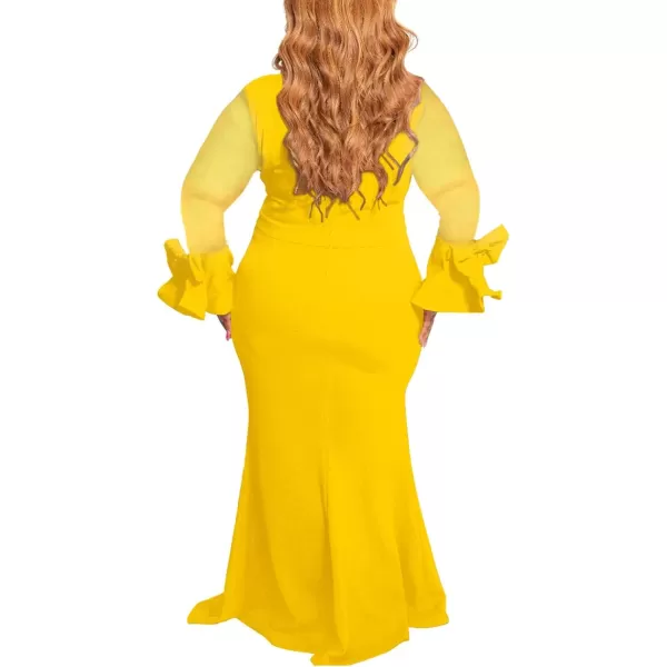 Womens Plus Size Bodycon Dress  Elegant Trumpet Long Sleeve Mesh Solid Sexy Evening Party Maxi Long DressYellow