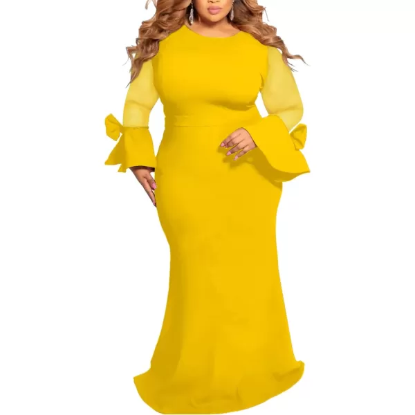 Womens Plus Size Bodycon Dress  Elegant Trumpet Long Sleeve Mesh Solid Sexy Evening Party Maxi Long DressYellow