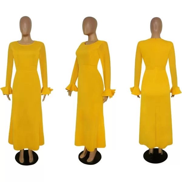 Womens Plus Size Bodycon Dress  Elegant Trumpet Long Sleeve Mesh Solid Sexy Evening Party Maxi Long DressYellow
