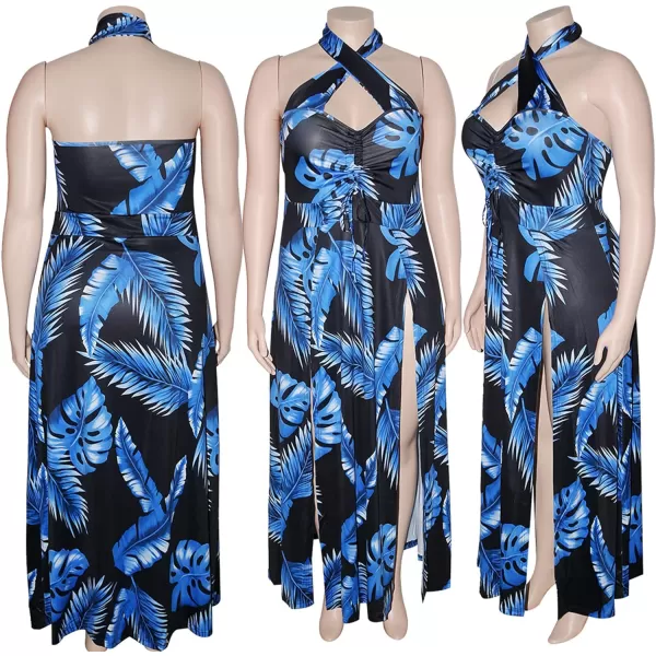 Womens Sexy Plus Size Halter Neck Floral Print Split Beach Party Maxi Dress084 Blue