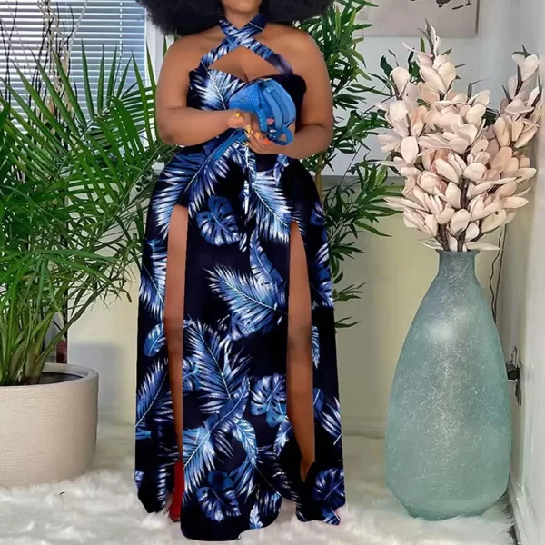 Womens Sexy Plus Size Halter Neck Floral Print Split Beach Party Maxi Dress084 Blue