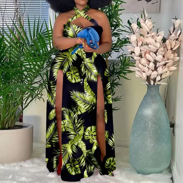 Womens Sexy Plus Size Halter Neck Floral Print Split Beach Party Maxi Dress084 Green