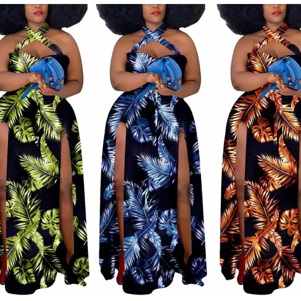 Womens Sexy Plus Size Halter Neck Floral Print Split Beach Party Maxi Dress084 Green