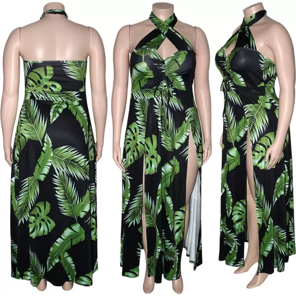 Womens Sexy Plus Size Halter Neck Floral Print Split Beach Party Maxi Dress084 Green
