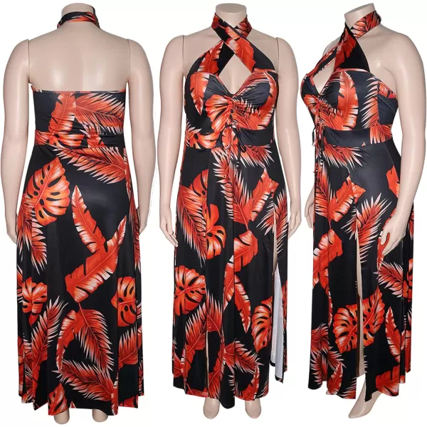 Womens Sexy Plus Size Halter Neck Floral Print Split Beach Party Maxi Dress084 Orange