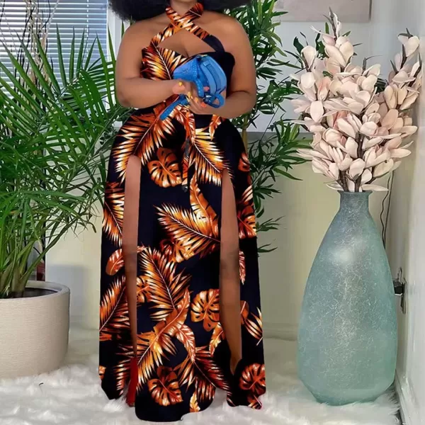 Womens Sexy Plus Size Halter Neck Floral Print Split Beach Party Maxi Dress084 Orange