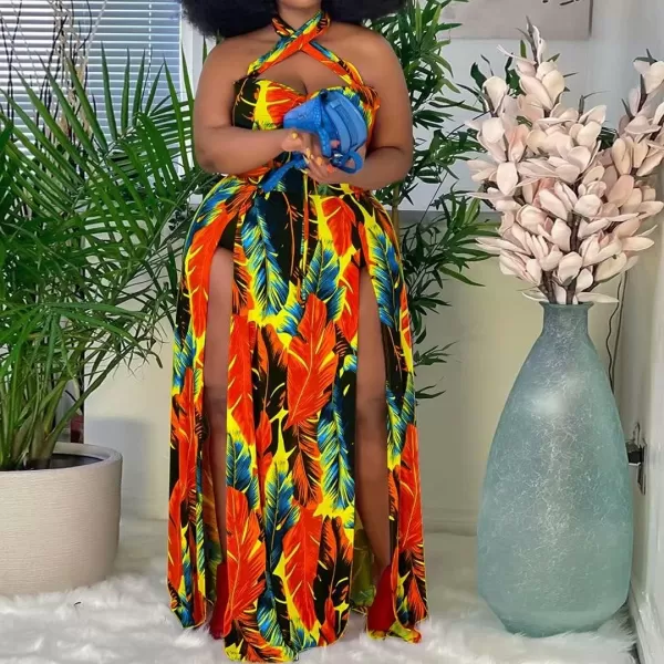 Womens Sexy Plus Size Halter Neck Floral Print Split Beach Party Maxi DressOrange Red