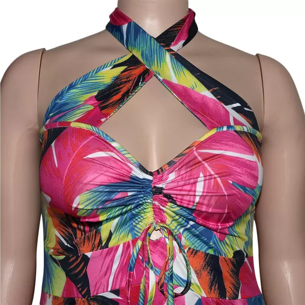 Womens Sexy Plus Size Halter Neck Floral Print Split Beach Party Maxi DressRed