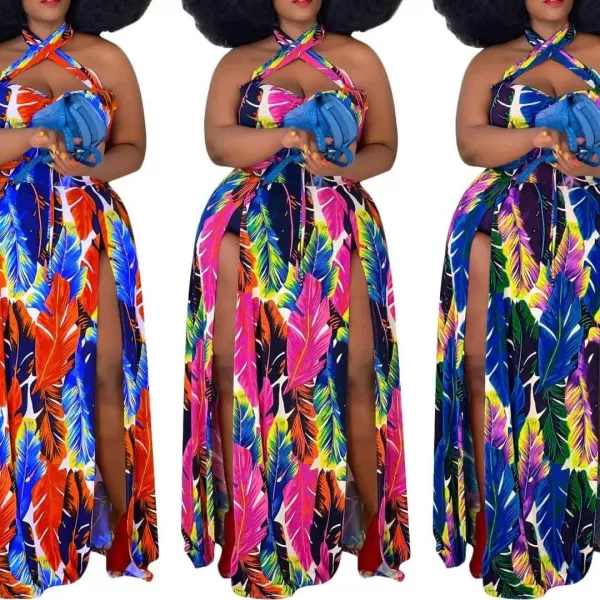 Womens Sexy Plus Size Halter Neck Floral Print Split Beach Party Maxi DressRed