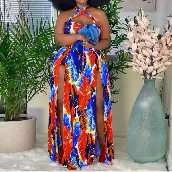Womens Sexy Plus Size Halter Neck Floral Print Split Beach Party Maxi DressRed