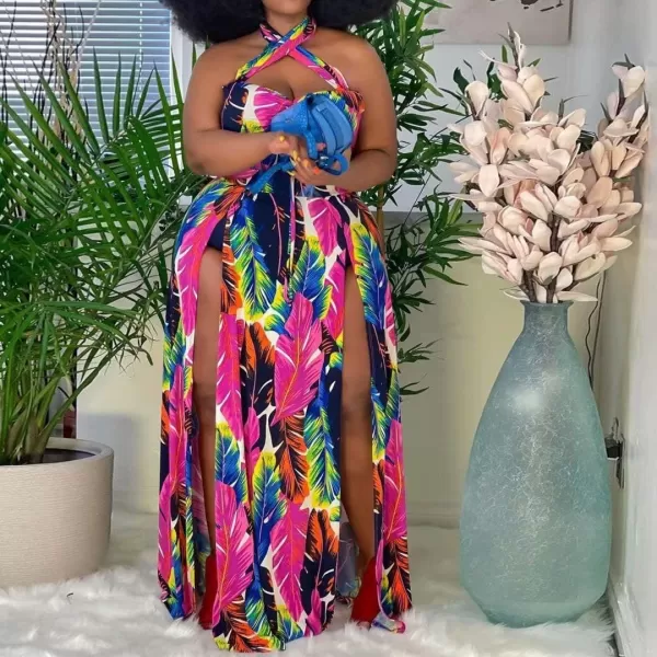 Womens Sexy Plus Size Halter Neck Floral Print Split Beach Party Maxi DressRose Red